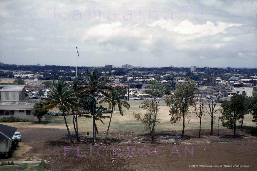 #225 View of Honolulu with Waikiki in the distance from Sinclair Library on the Manoa Campus of the University of Hawaii, 1950s