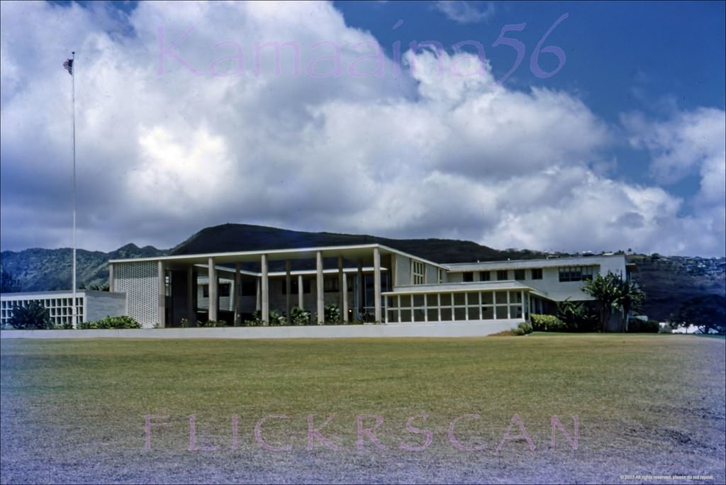 #52 The 1949 administration building at the University of Hawaii’s Manoa Valley campus in Honolulu. Vantage point is the corner of Dole Street and University Avenue, 1951