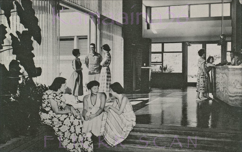 #55 Interior view of the lobby at Mary Dillingham Frear Hall, the first women’s dormitory at the University of Hawaii’s Manoa campus, 1952