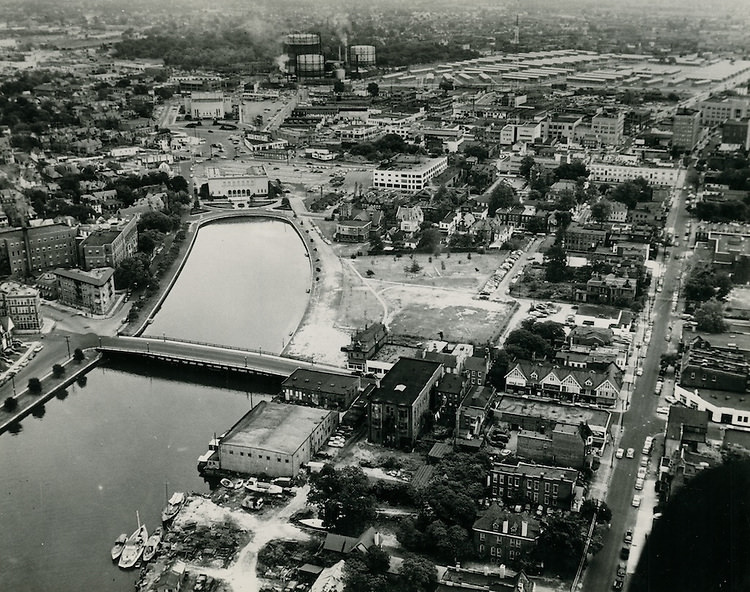 #49 View looking East.Botetourt St bridge.Chrysler Museum.Young Terrace in distance, Atlantic City, Norfolk, 1950s