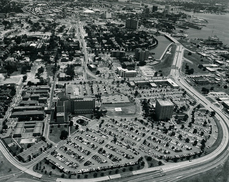#54 View looking East. EVMS Medial School campus. Downtown Norfolk in background, 1960s