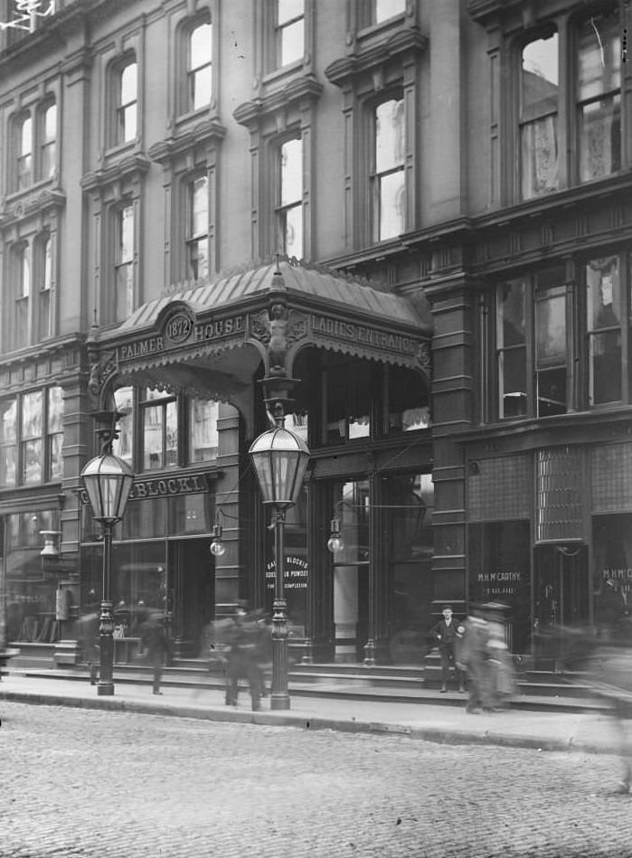 #134 Exterior view showing the ladies entrance to the Palmer House hotel at 150 South State Street in the Loop community area of Chicago, Illinois, September 1903.