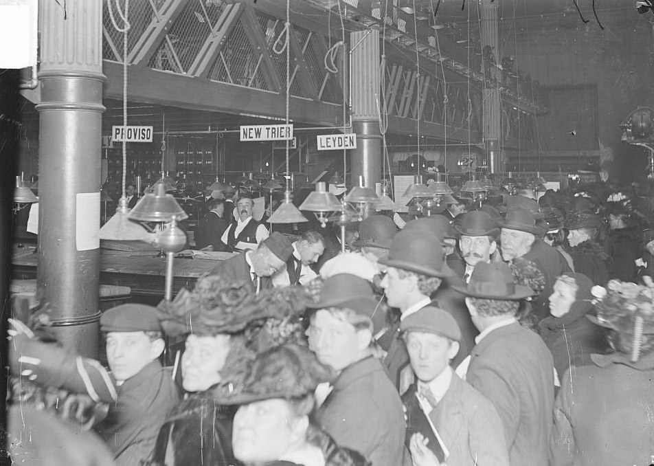 #138 Crowds lined up to pay taxes at the County Treasurer’s office in the City Hall and County Building in the Loop community area, Chicago, Illinois, April 27, 1903.