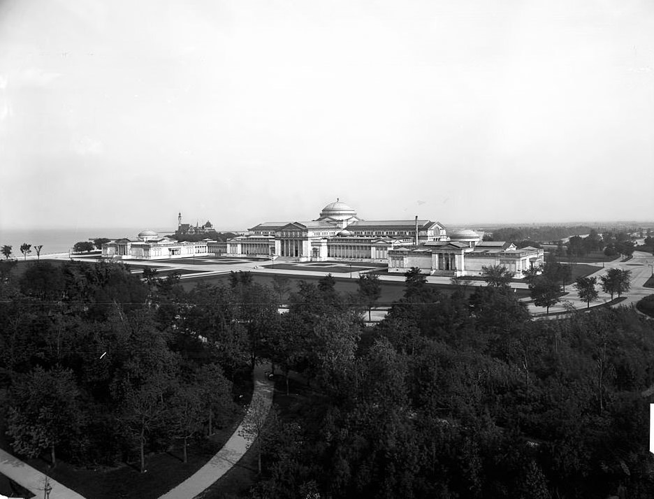 #154 Field Columbian Museum building and German Building from World’s Columbian Exposition, Jackson Park, Trees, view towards the east, Lake Michigan, Chicago, 1903.