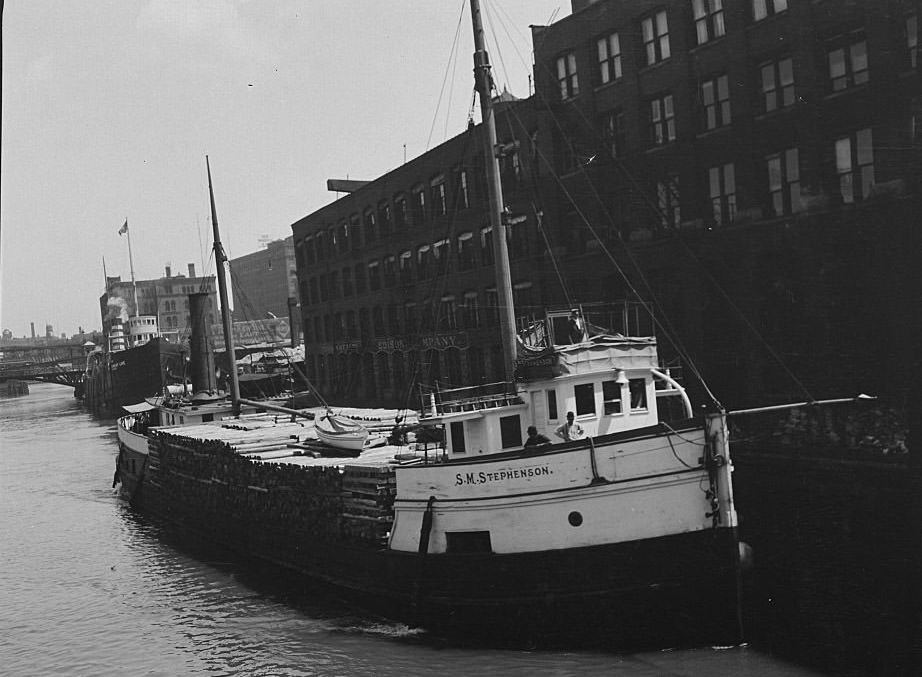 #199 SM Stephenson lumber boat passing through Madison Street Bridge, Chicago, Illinois, 1905