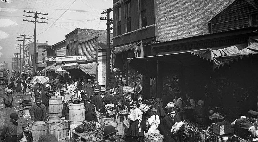 #227 View of vendors and shoppers on Jefferson Street in the Maxwell Street Market area, Chicago, Illinois, 1905