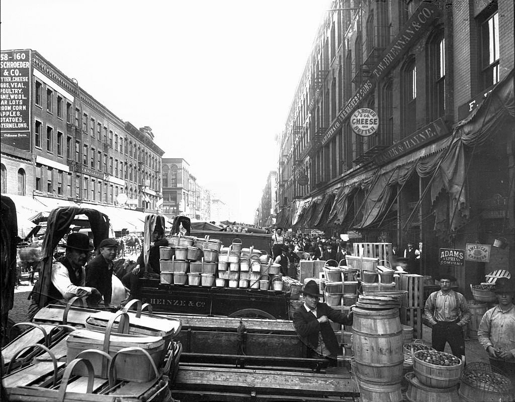 #236 View of merchants with carts of goods at South Water Street Market, Chicago, Illinois, 1905