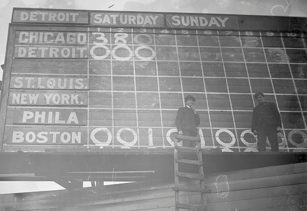 #245 Image of South Side Park scoreboard during a game between Chicago White Sox and the Detroit Tigers, Chicago, 1905.