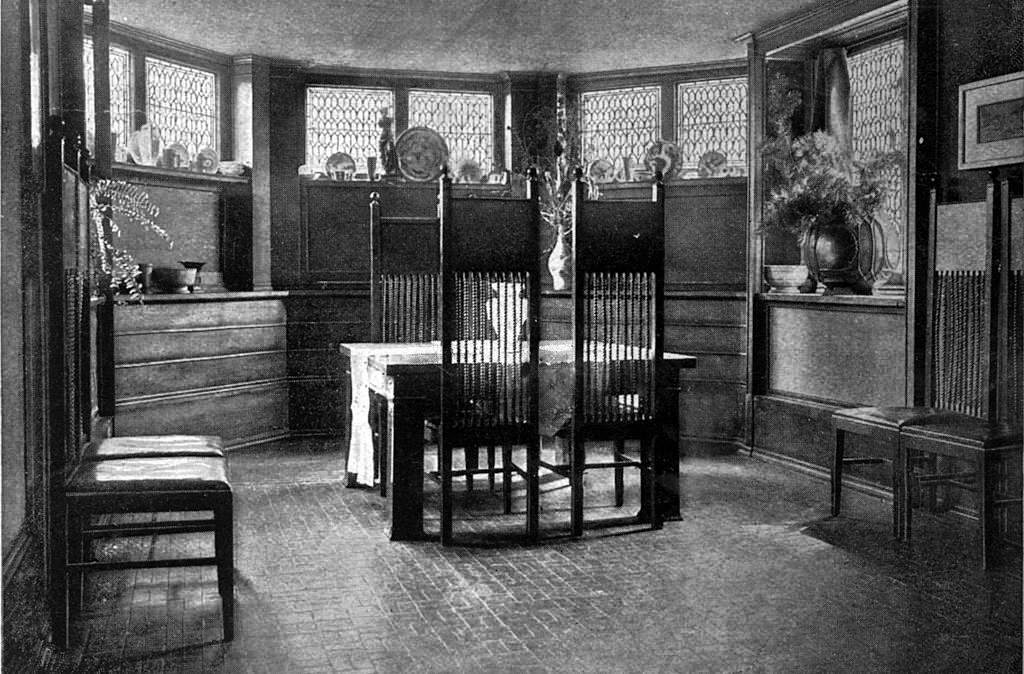 #87 Dining room looking southwest, Wright-designed table, chairs, lightscreen and urn are visible, at the Frank Lloyd Wright Home and Studio, located at 951 Chicago Avenue, Oak Park, Illinois, 1902
