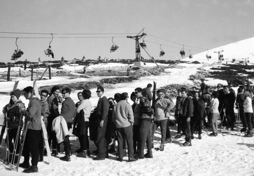 #250 The Navacerrada ski resort is located 1200 m altitude, on the southern slope of the Sierra de Guadarrama, Madrid, Spain, 1964.