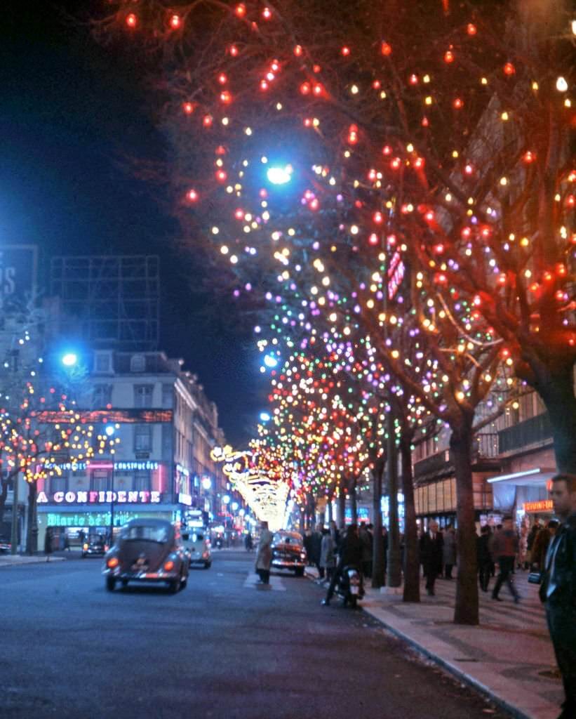 #54 A Madrid street decorated with Christmas lights, in Madrid, Spain, 1960