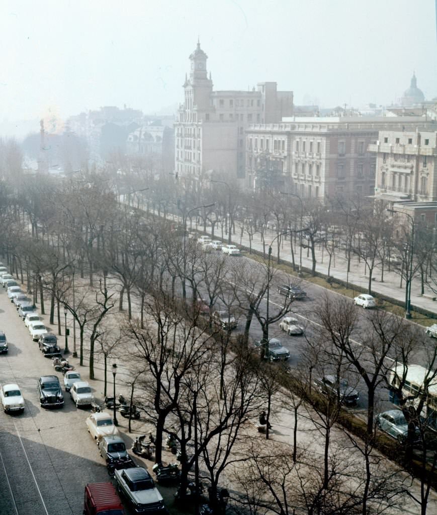 #58 View (looking mostly south) along the Paseo de la Castellana, Madrid, Spain, 1960.