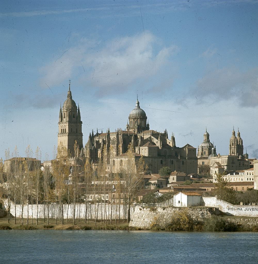 #82 A view across the Tormes River of Old Salamanca, with the tower of the university at left, the cathedral, and the Church of Clerecia. The university is the oldest in Spain.