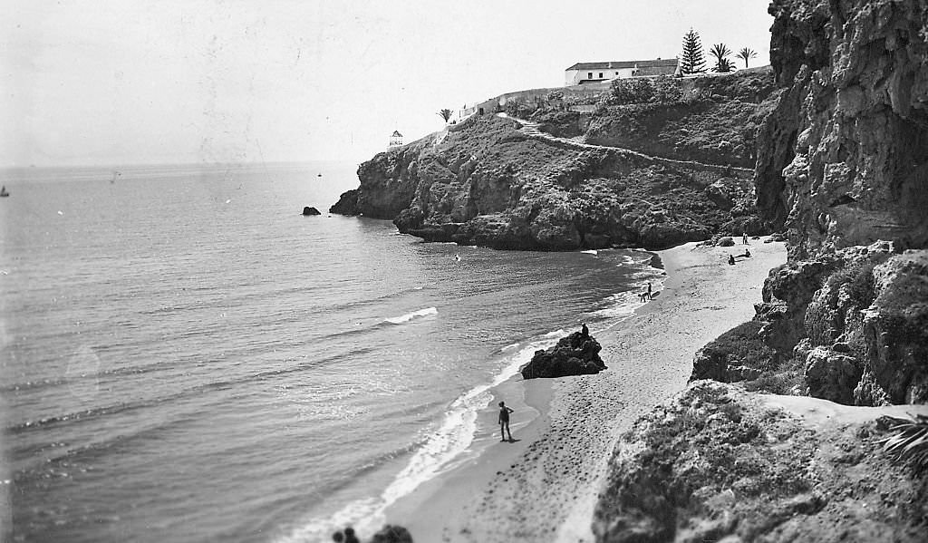 #83 An elevated view from the cliffs over the beach and headland of the southern coast, Malaga, Spain, 1960.