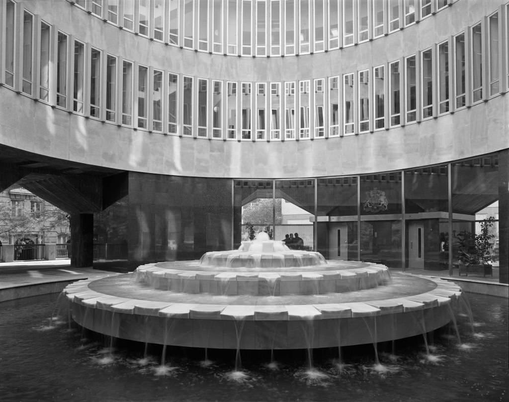 #90 Fountain in the courtyard, British Embassy offices, 16 Calle Fernando El Santo, Madrid, Spain, 1966.