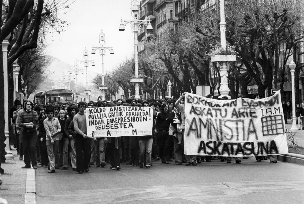 #148 Demonstration of students after the death of a demonstrator, March 16, 1977, in San Sebastian, Spain.