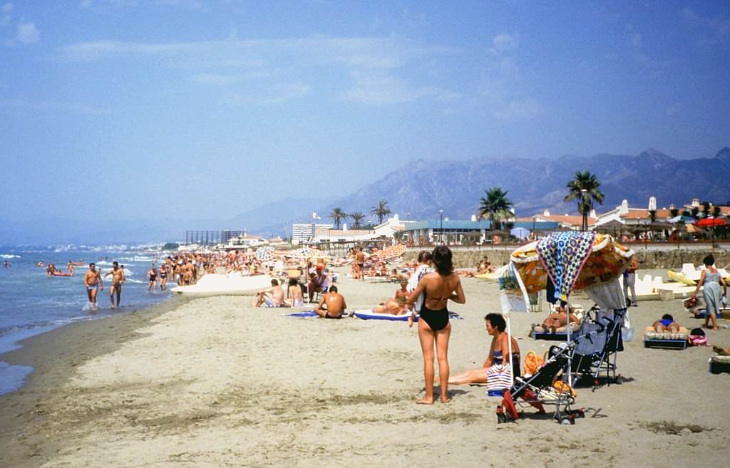 #158 View of the beach of Marbella, 1977, Malaga, Andalusia, Spain.
