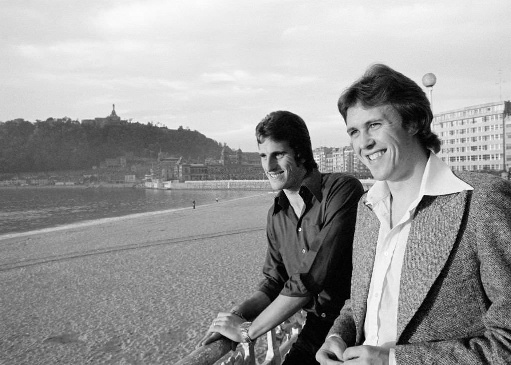 #184 Liverpool team-mates Ray Clemence and Phil Neal find time to take in some sightseeing prior to the UEFA Cup Second round First Leg tie between Real Sociedad and Liverpool at the Estadio de Atotxa on October 22, 1975 in San Sebastian, Spain.