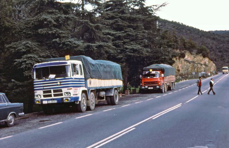 #239 Trucks at rest stop, Madrid to Granada road, Castile-La Mancha, 1977