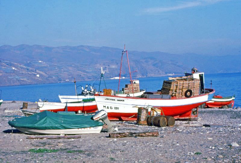 #245 Six fishing boats on the beach, 1977
