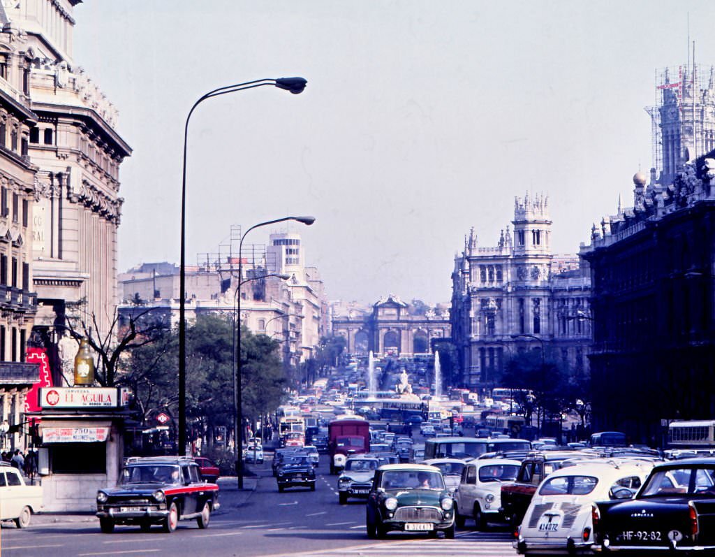 #36 The ‘Alcala Street’, which begins at the “Puerta del Sol” and crosses the whole city until it ends at the motorway that goes to airport, Madrid, Spain, 1970.
