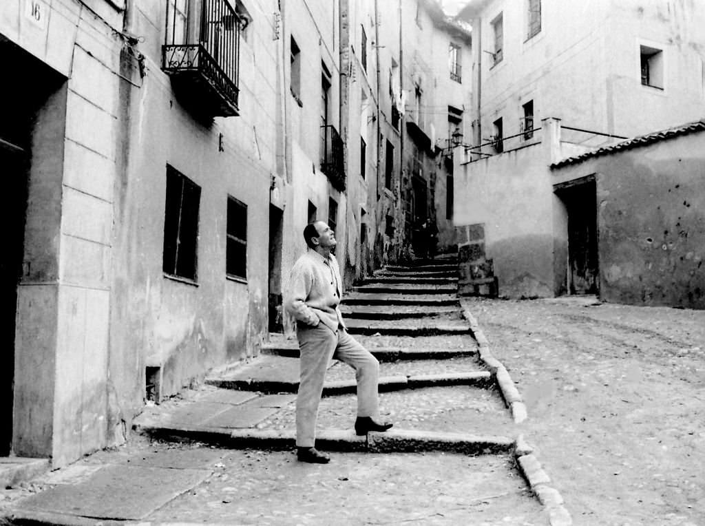 #50 During a break from filming The Battle of the Ardennes, the American actor Henry Fonda visits the city of Segovia, Spain, 1974.