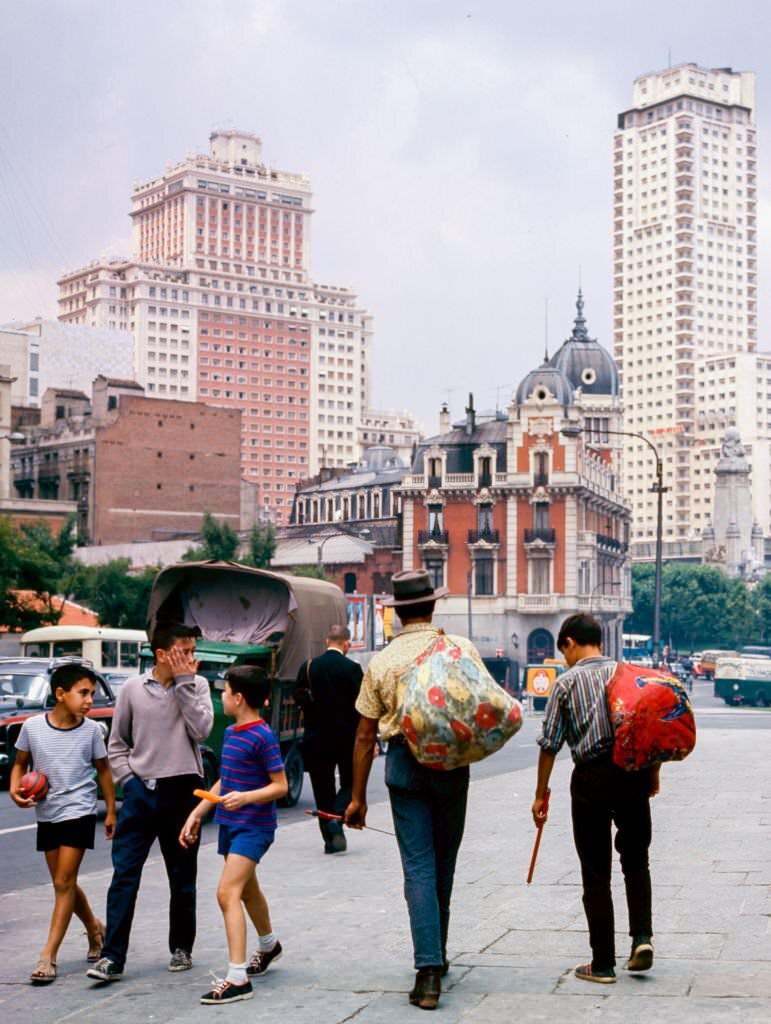 #66 The “maletillas”, aspiring bullfighters, in the “Plaza de España”, 1975, Madrid, Spain.