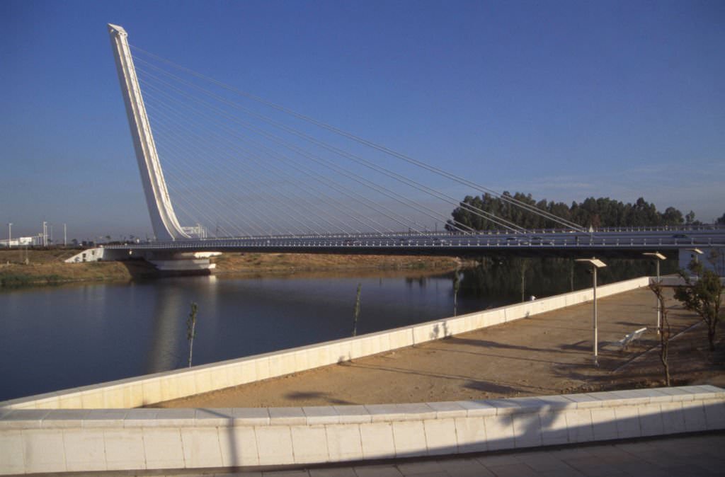 #107 The Alamillo bridge, above the Guadalquivir basin, in Seville, in May 1985, Spain.