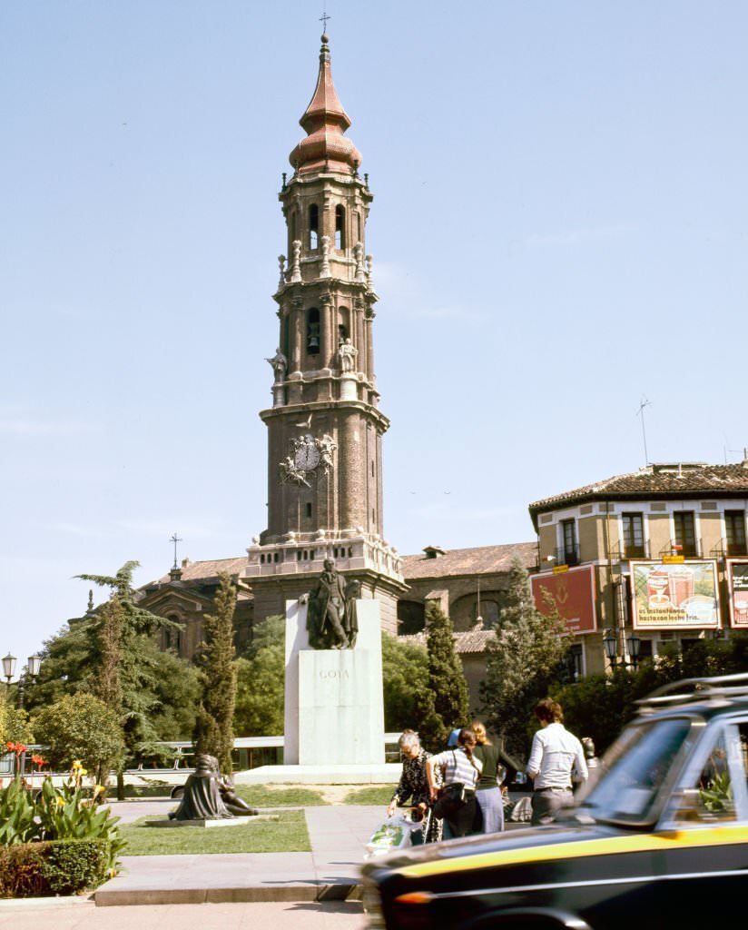 #26 Monument to painter Francisco Goya and, behind it, the Cathedral of the the Savior of Zaragoza, Spain, 1984.