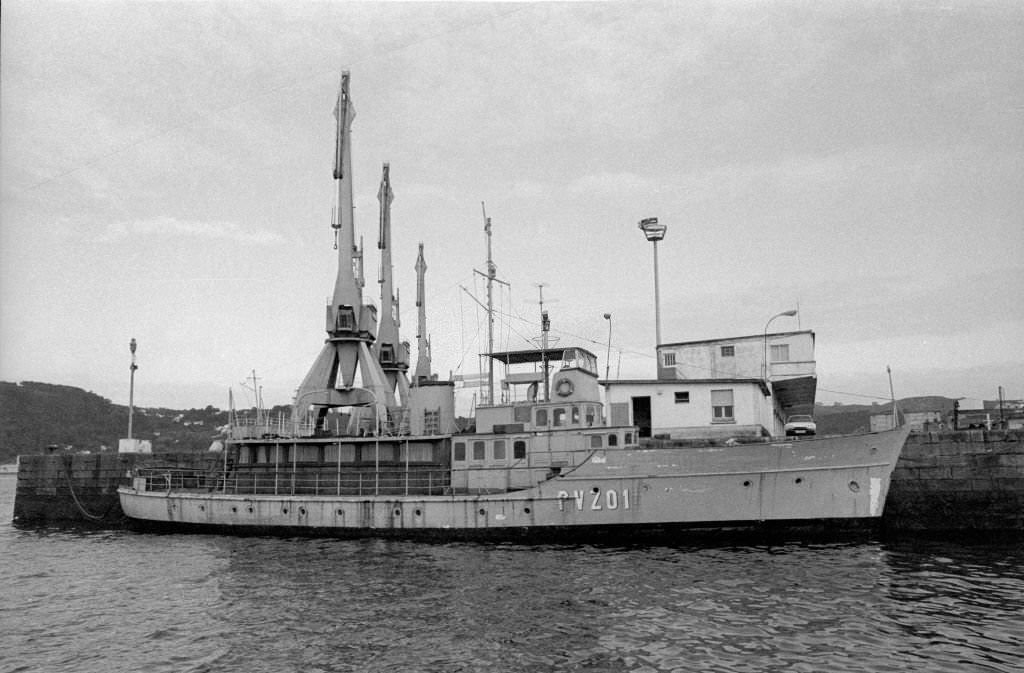 #34 General view of the Yacht owned by dictator Francisco Franco in Sada port in September 01, 1983 in A Coruña, Spain