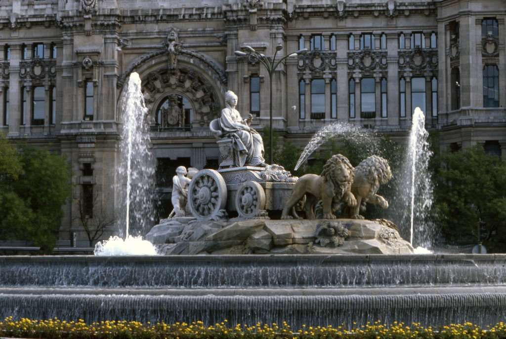 #66 View of the fountain in Cybele square at night in Madrid, in October 1985, Spain.
