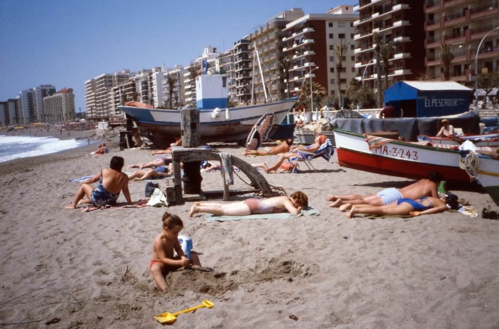 #89 A day at the beach of Fuengirola at the Costa del Sol, Andalusia, Spain 1980s.