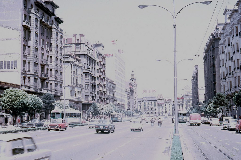 #89 Paseo de la Independencia, as a modern high-capacity road for vehicular circulation, with trams on the margins, 1970