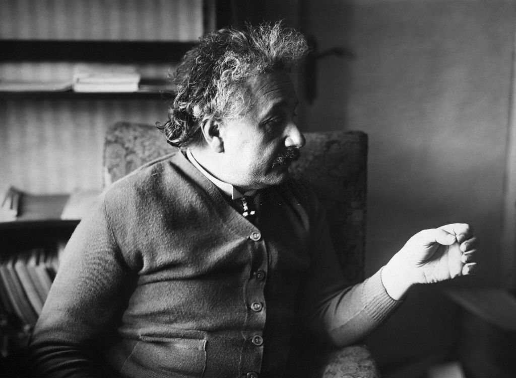 #112 Albert Einstein at his English home after fleeing Germany in fear for his life and that of his wife, 1930