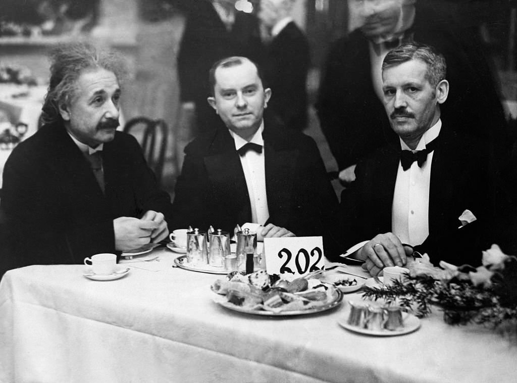 #116 Albert Einstein with member of the German Reichstag (Parliament), spokesman on foreign affairs for the German Social Democratic Party with and former German minister of finance Dr. Peter Reinhold (center) at Kroll in Berlin