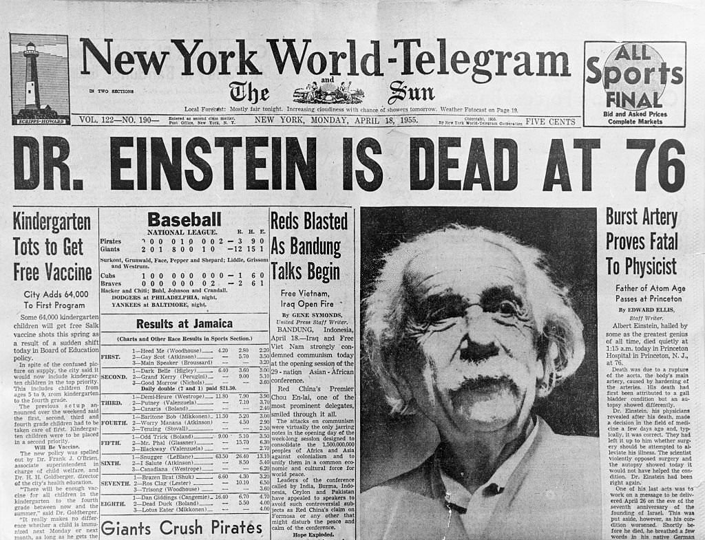 #5 Newspaper Headline Announcing Death of Albert Einstein Dr. Einstein wass Dead at 76.