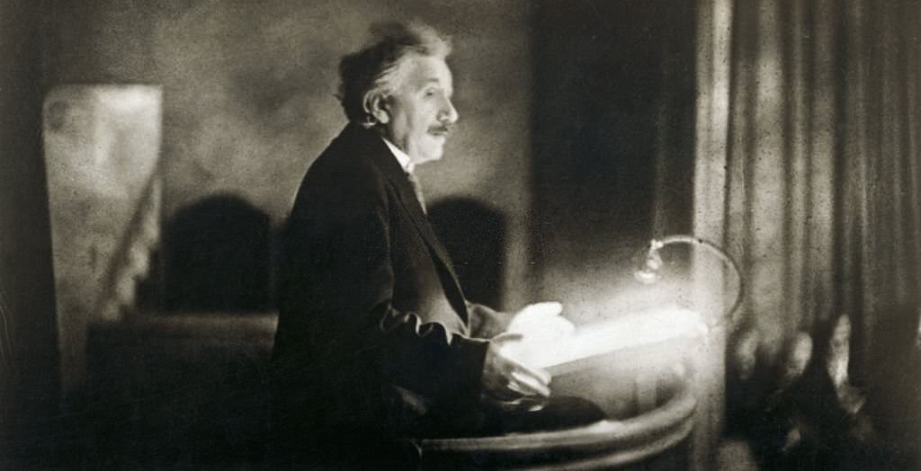 #6 Albert Einstein addressing a group of fellow scientists at the Harnack Haus, Berlin-Dahlem, Germany, 1933
