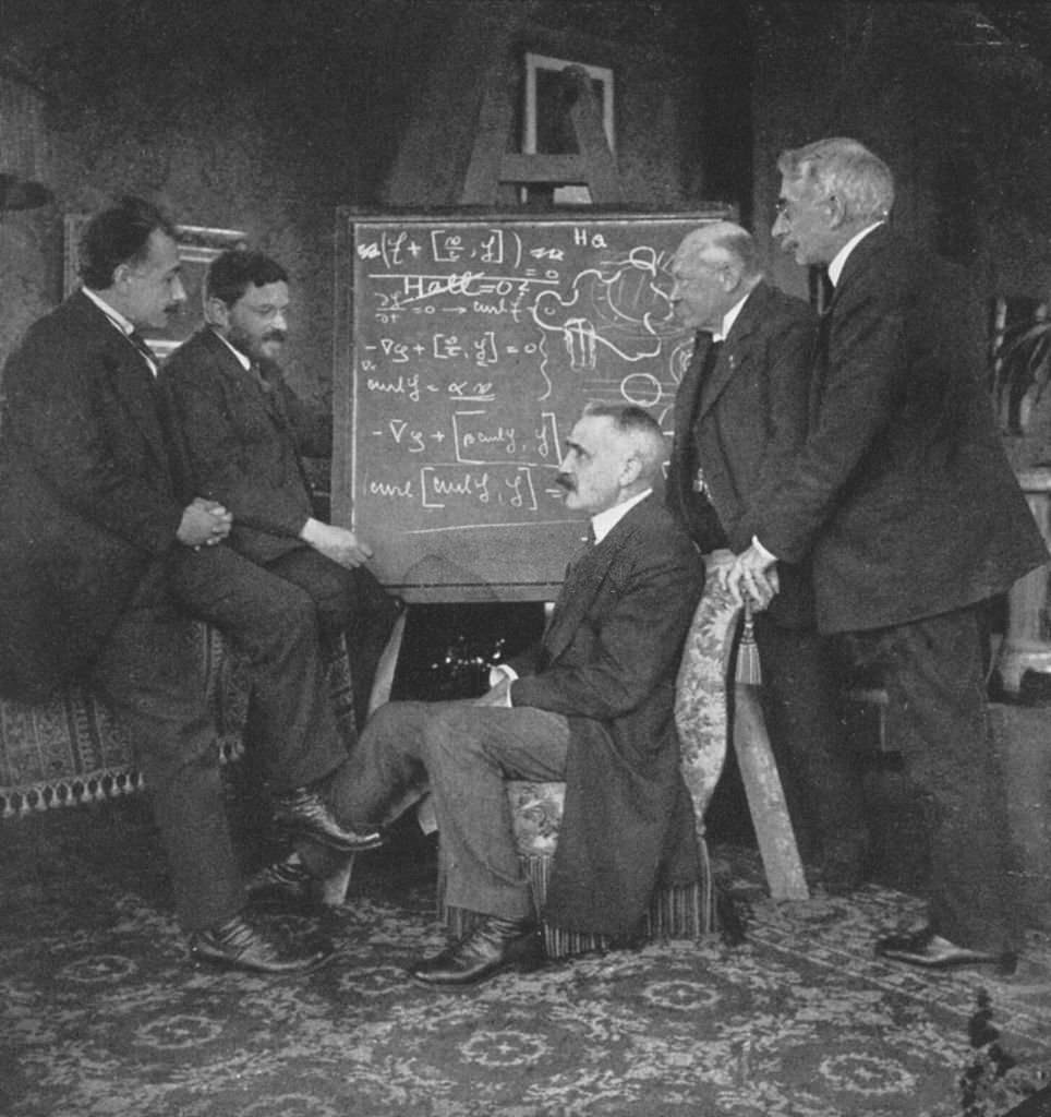 #28 Albert Einstein, with Paul Ehrenfest, Paul Langevin, French physicist, centre, Kammerling-Onnes and Pierre Weiss, Ehrenfest’s home, Leyden, Netherlands.