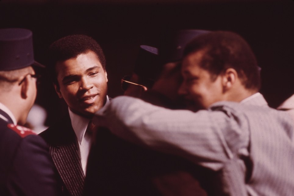 #42 World heavyweight boxing champion Muhammad Ali, a black Muslim, attends the sect’s service to hear Elijah Muhammad deliver the annual savior’s day message in Chicago.