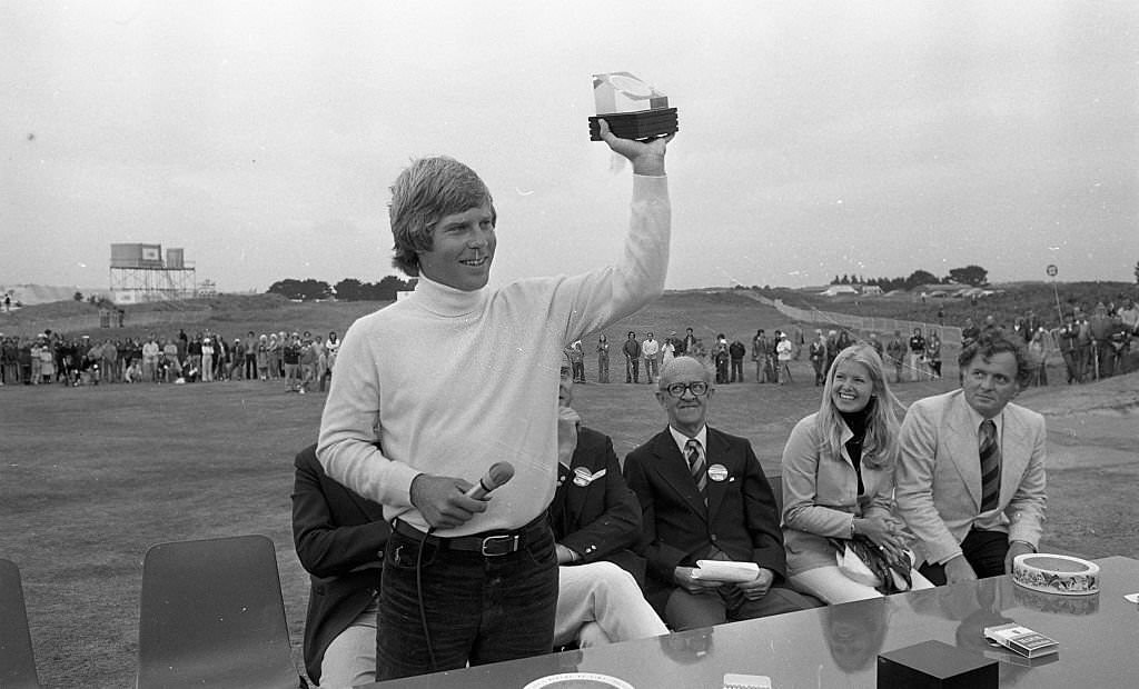 #90 American golfer Ben Crenshaw after his victory in the Carrolls Irish Open , Portmarnock, North County Dublin, Ireland, 1976