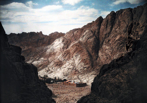 #18 View of the Monastery of Saint Catherine amid granite peaks.
