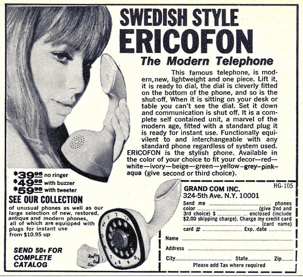 Vintage Ads of Ericofon: The Lightest One-Piece Rotary Dial Telephone introduced in the 1950s Vinta
