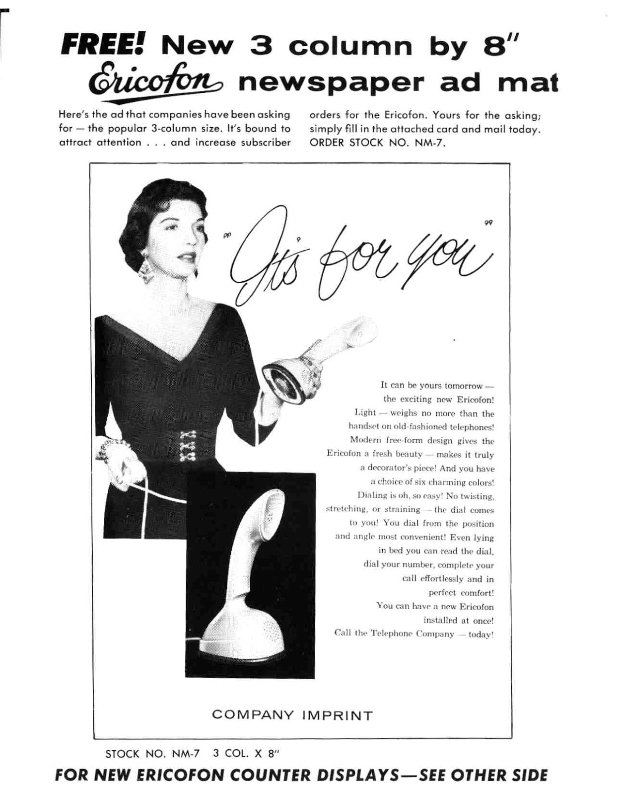 Vintage Ads of Ericofon: The Lightest One-Piece Rotary Dial Telephone introduced in the 1950s Vinta