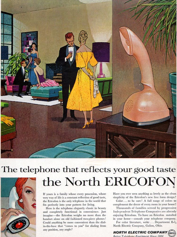 Vintage Ads of Ericofon: The Lightest One-Piece Rotary Dial Telephone introduced in the 1950s Vintag