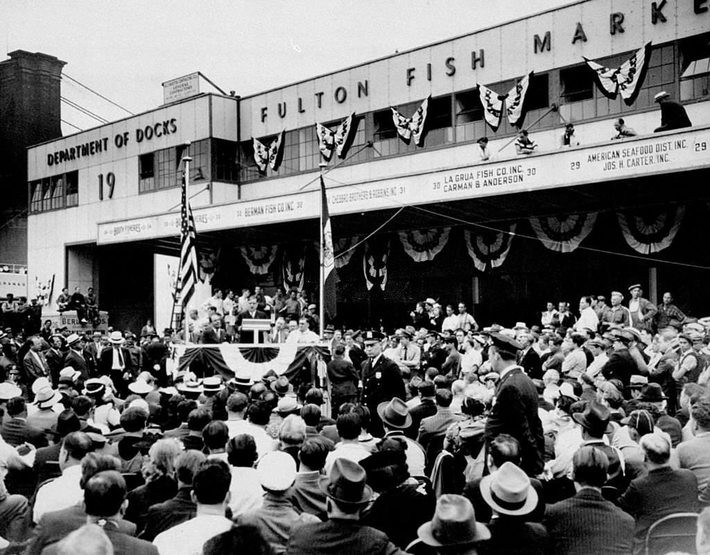#102 Mayor Fiorello LaGuardia speaking at opening of Fulton Fish Market, at Bleecker Street and South Street, 1940s