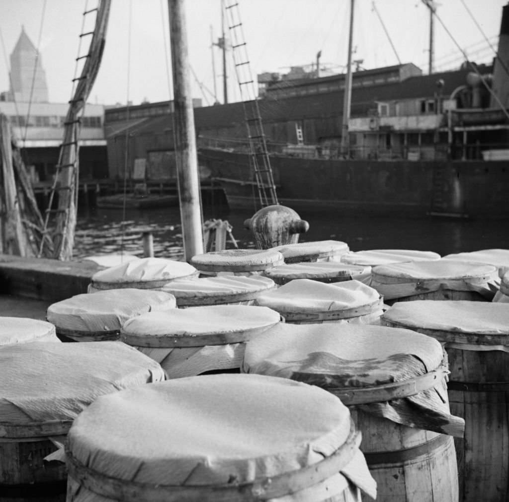 #157 Barrels of fish on the docks at the Fulton fish market ready to be shipped to retailers.