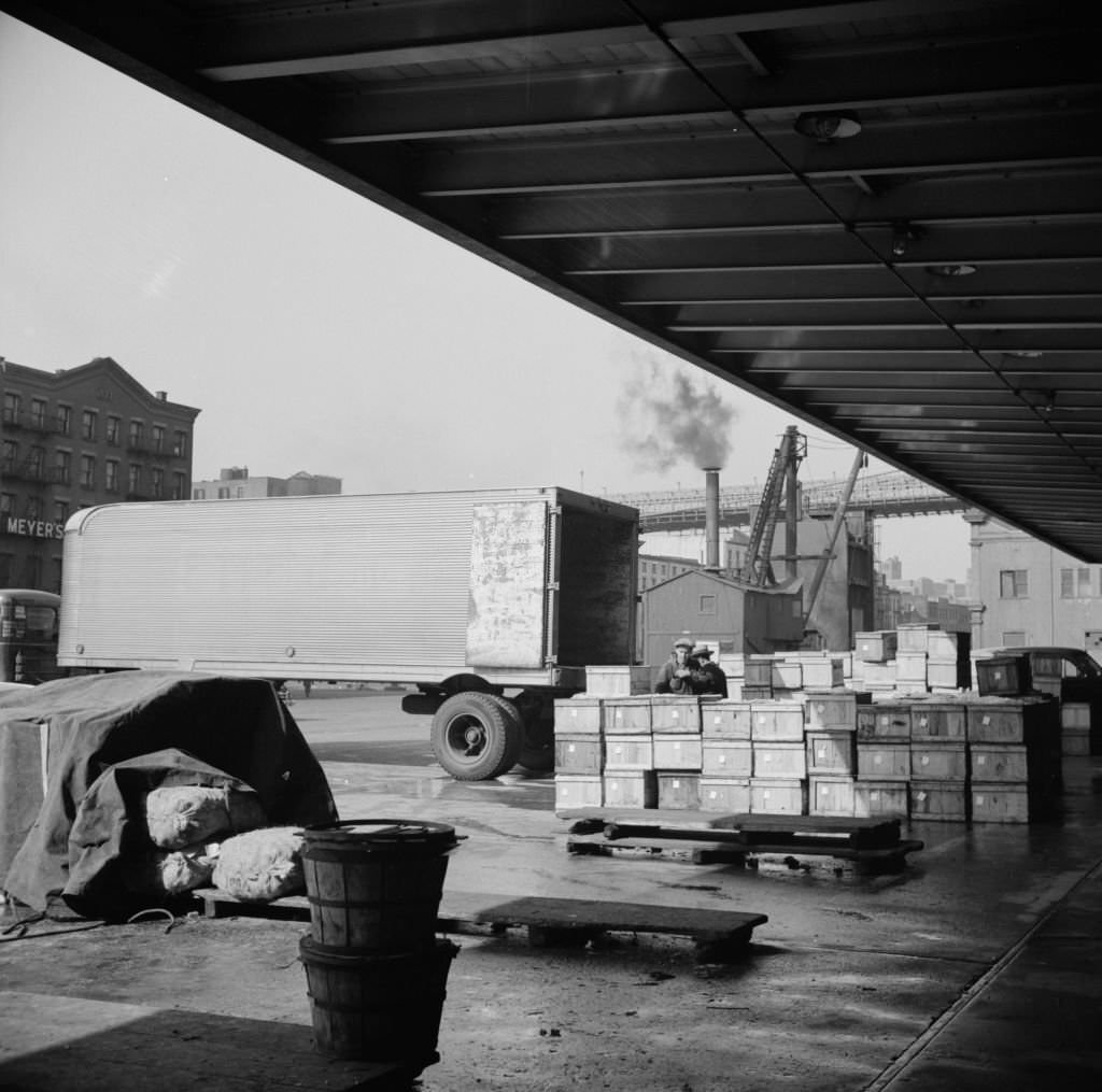 #7 Crates of seafood waiting for delivery at the Fulton fish market, 1930s