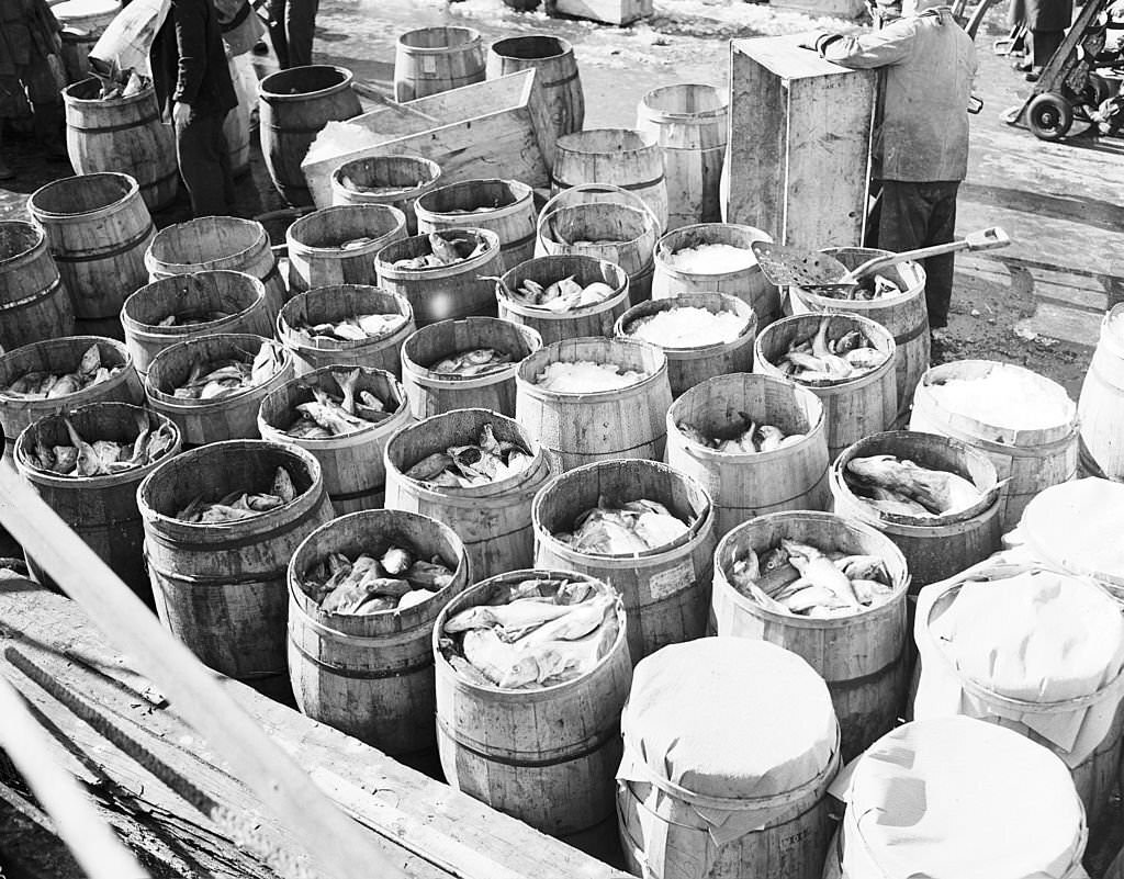 #89 Fish for sale in barrels at the Fulton Fish Market, New York City, 1943