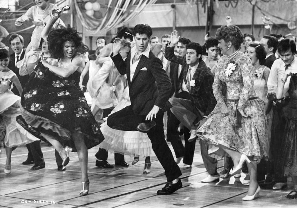 John Travolta dancing in a scene from the film ‘Grease’, 1978.
