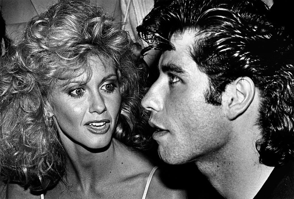 Olivia Newton-John and co-star John Travolta attend their 1978 Hollywood, California, premiere of “Grease.”